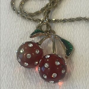 Vintage Red Rhinestone Cherry pendant with long rope chain style Necklace